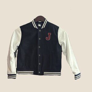 Janie and Jack Navy Wool Blend Varsity J Letter Jkt 7-8 Snap Faux Leather Tear